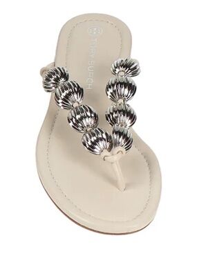Tory Burch Cream Thong Sandals with Silver Beaded Trim